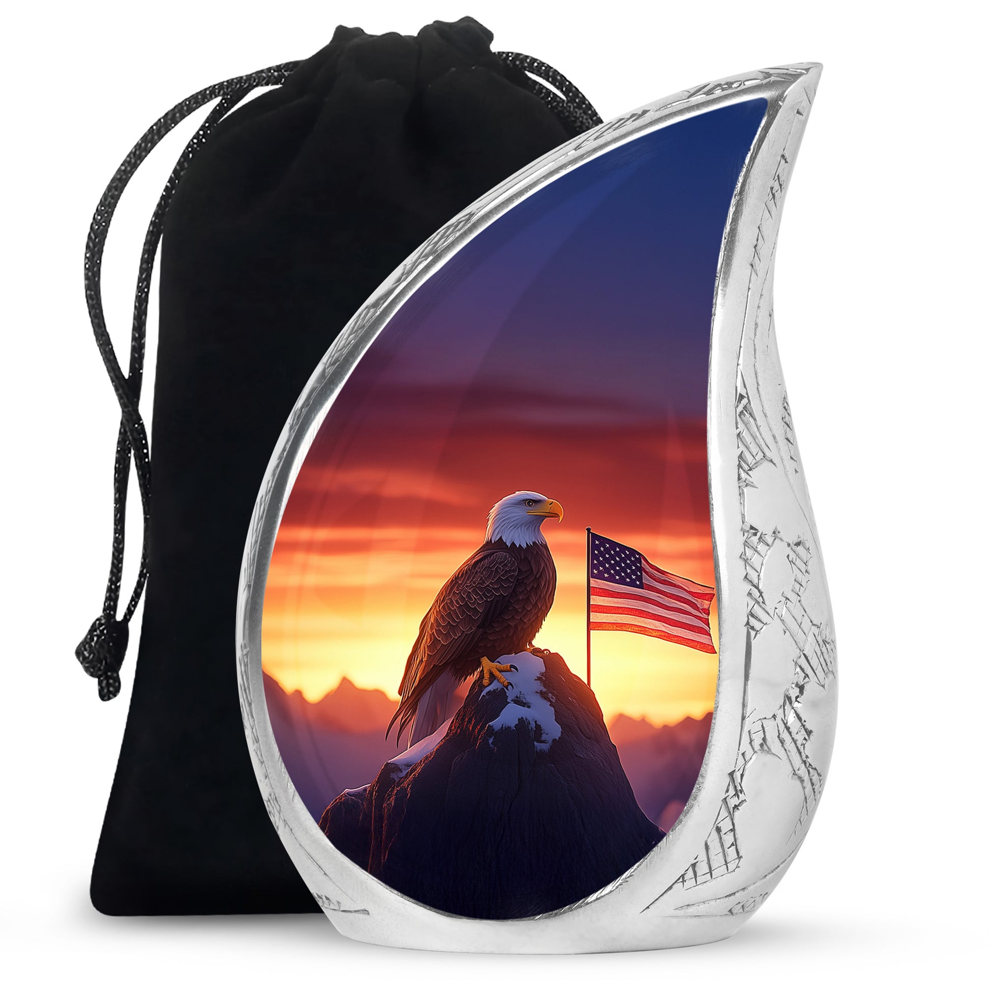 Fiery Red Eagle Cremation Urn front view showing detailed design - graceful tear-shaped urn with eagle motif - full-size 10 inch 200 cubic inch adult cremation urn
