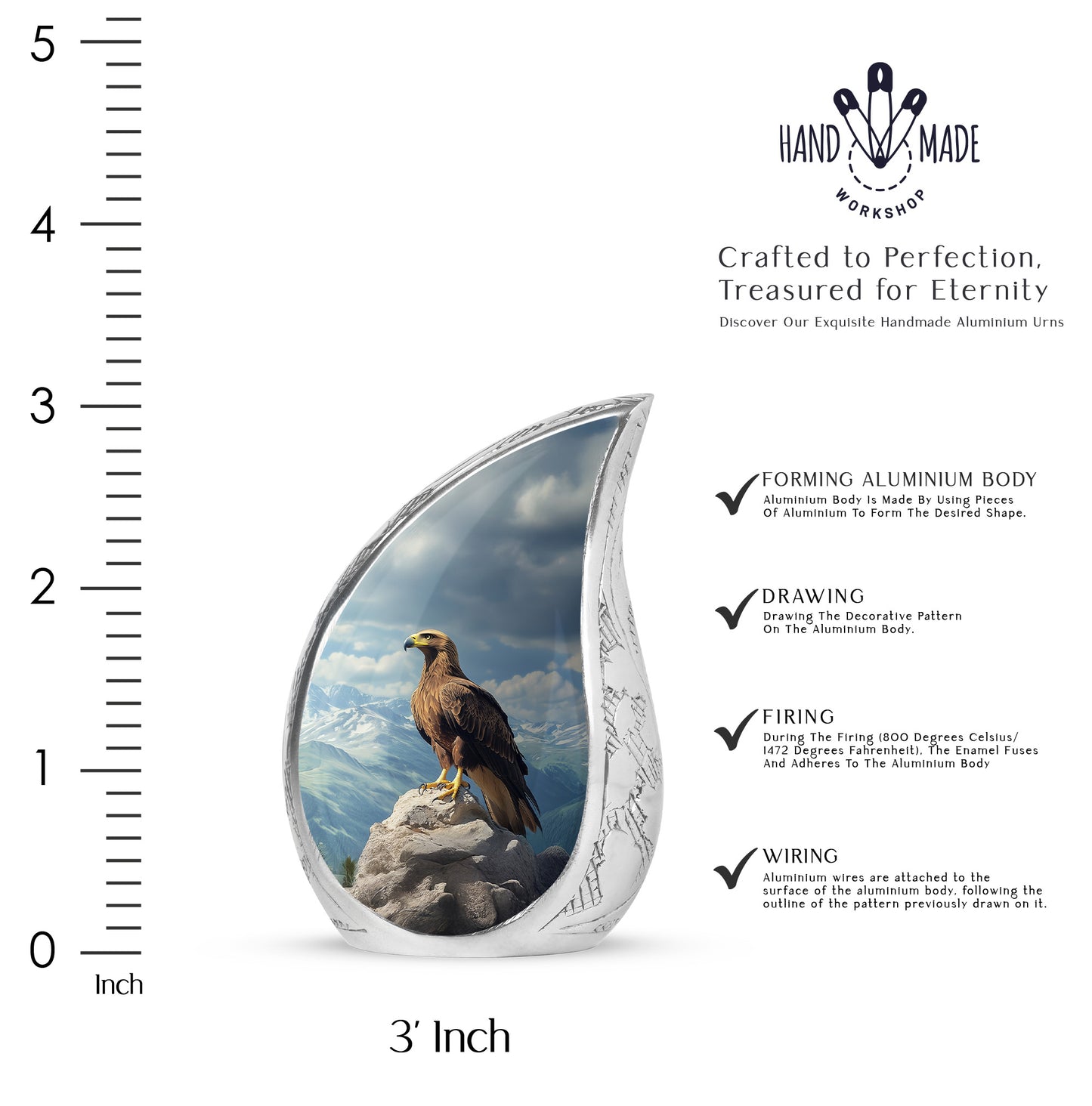 Misty Blue Eagle Cremation Urn angled view of lid and engraved motif - rounded teardrop eagle design with delicate detail - mini keepsake memorial for portion of cremation ashes