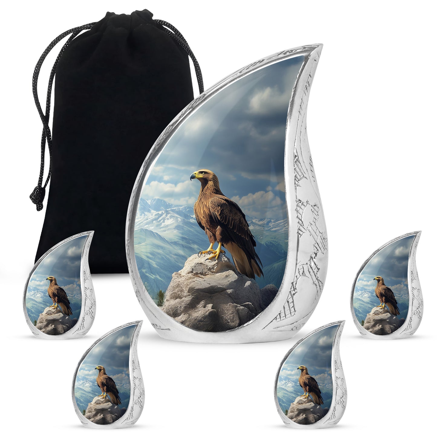 Icy Blue Eagle Cremation Urn side profile showing urn shape - rounded teardrop eagle design with delicate detail - memorial set with one large and four small urns