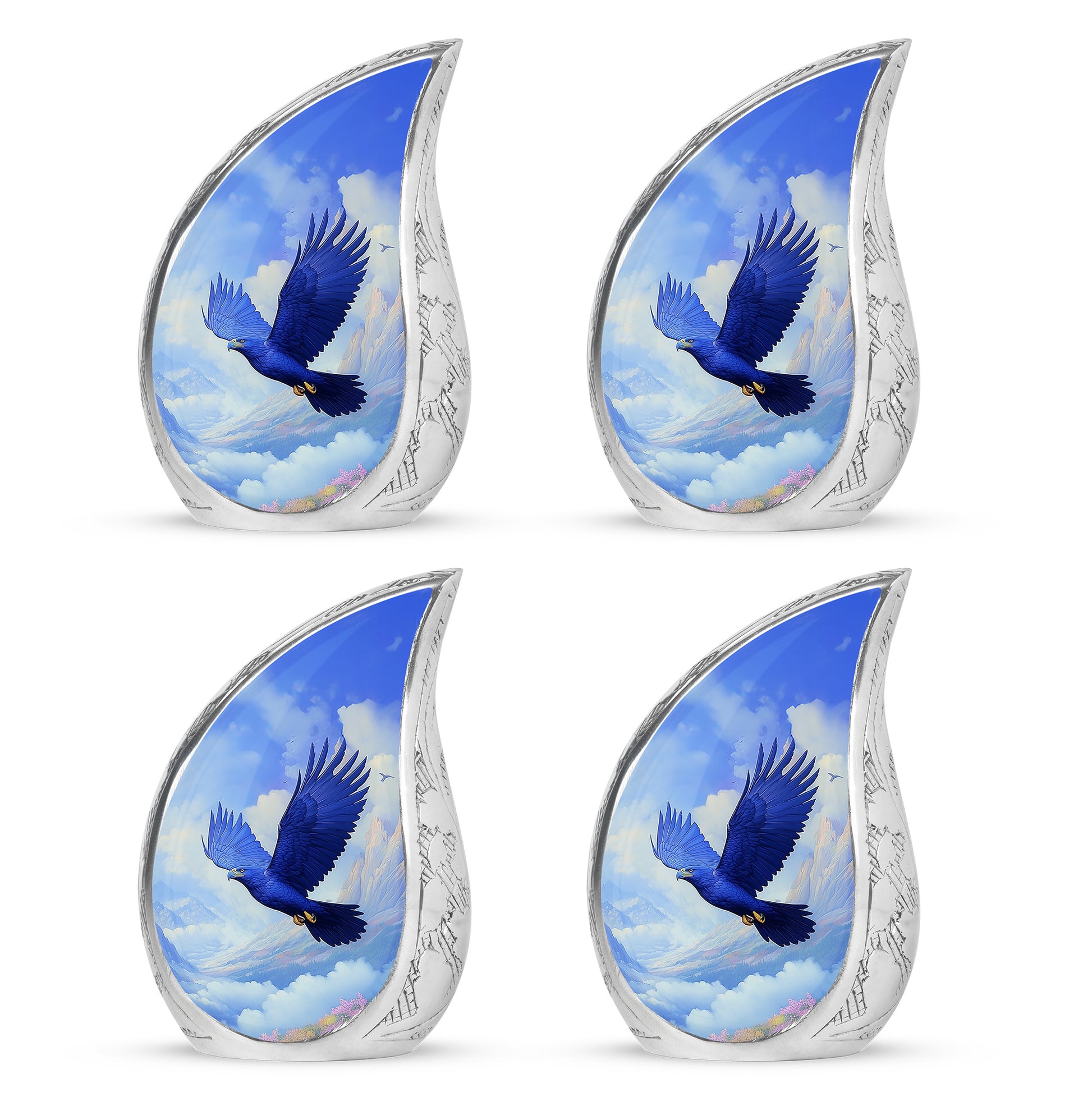 Sky Blue Eagle Cremation Urn close-up of engraving and surface detail - flowing teardrop eagle silhouette on curved aluminum - 10 inch aluminum urn for cremated remains