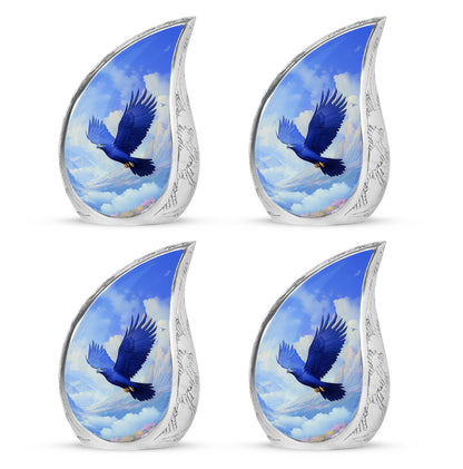Sky Blue Eagle Cremation Urn close-up of engraving and surface detail - flowing teardrop eagle silhouette on curved aluminum - 10 inch aluminum urn for cremated remains
