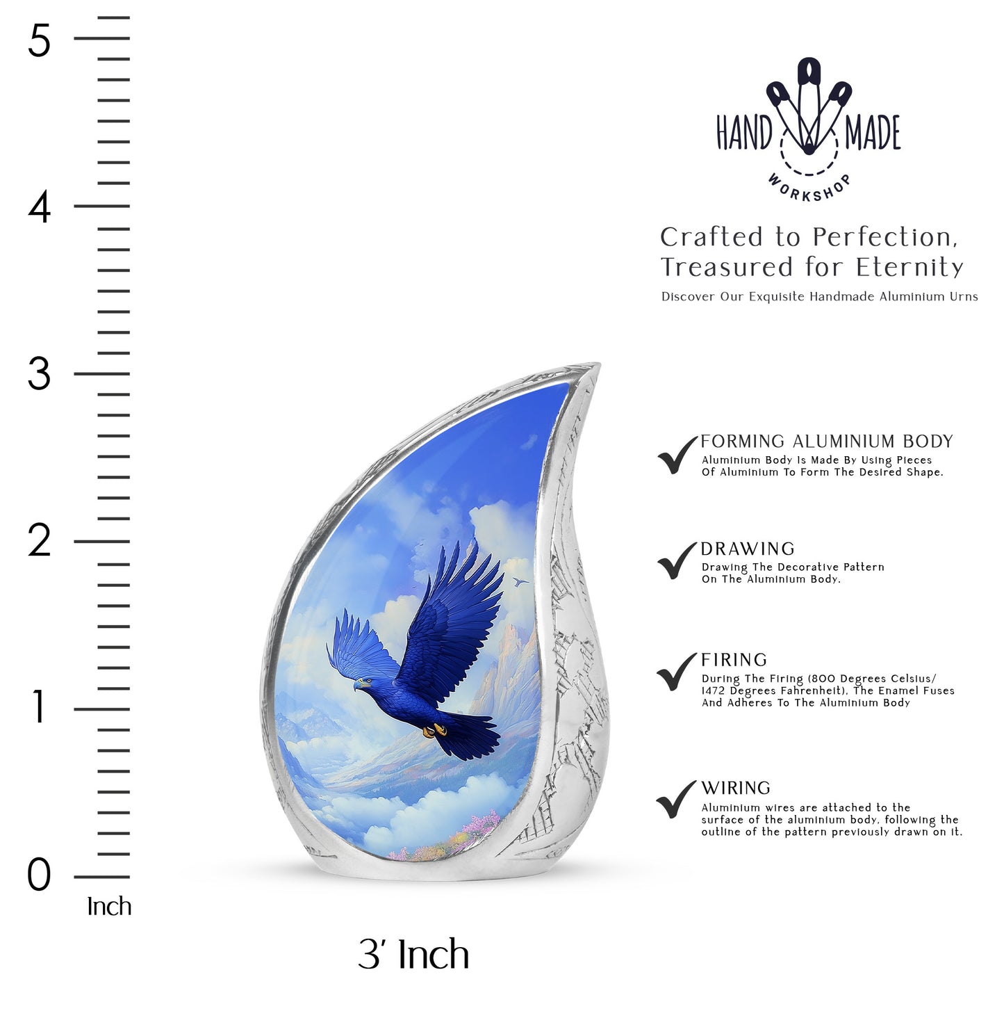 Misty Blue Eagle Cremation Urn angled view of lid and engraved motif - flowing teardrop eagle silhouette on curved aluminum - mini keepsake memorial for portion of cremation ashes