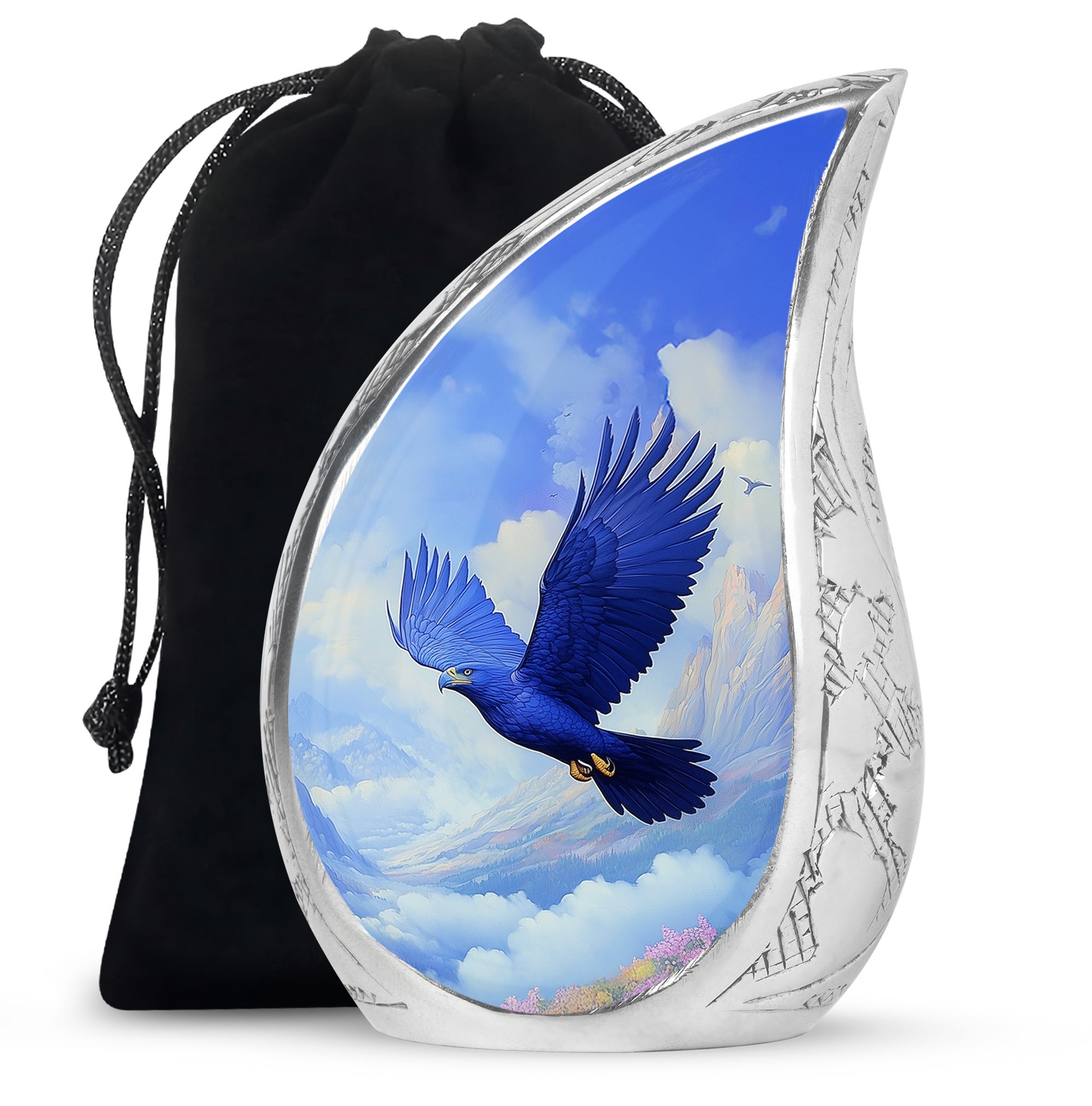 Steel Blue Eagle Cremation Urn front view showing detailed design - graceful tear-shaped urn with eagle motif - full-size 10 inch 200 cubic inch adult cremation urn