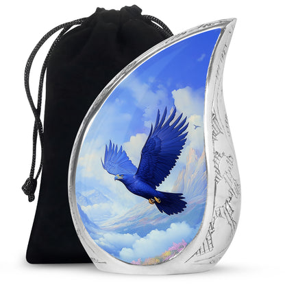 Steel Blue Eagle Cremation Urn front view showing detailed design - graceful tear-shaped urn with eagle motif - full-size 10 inch 200 cubic inch adult cremation urn