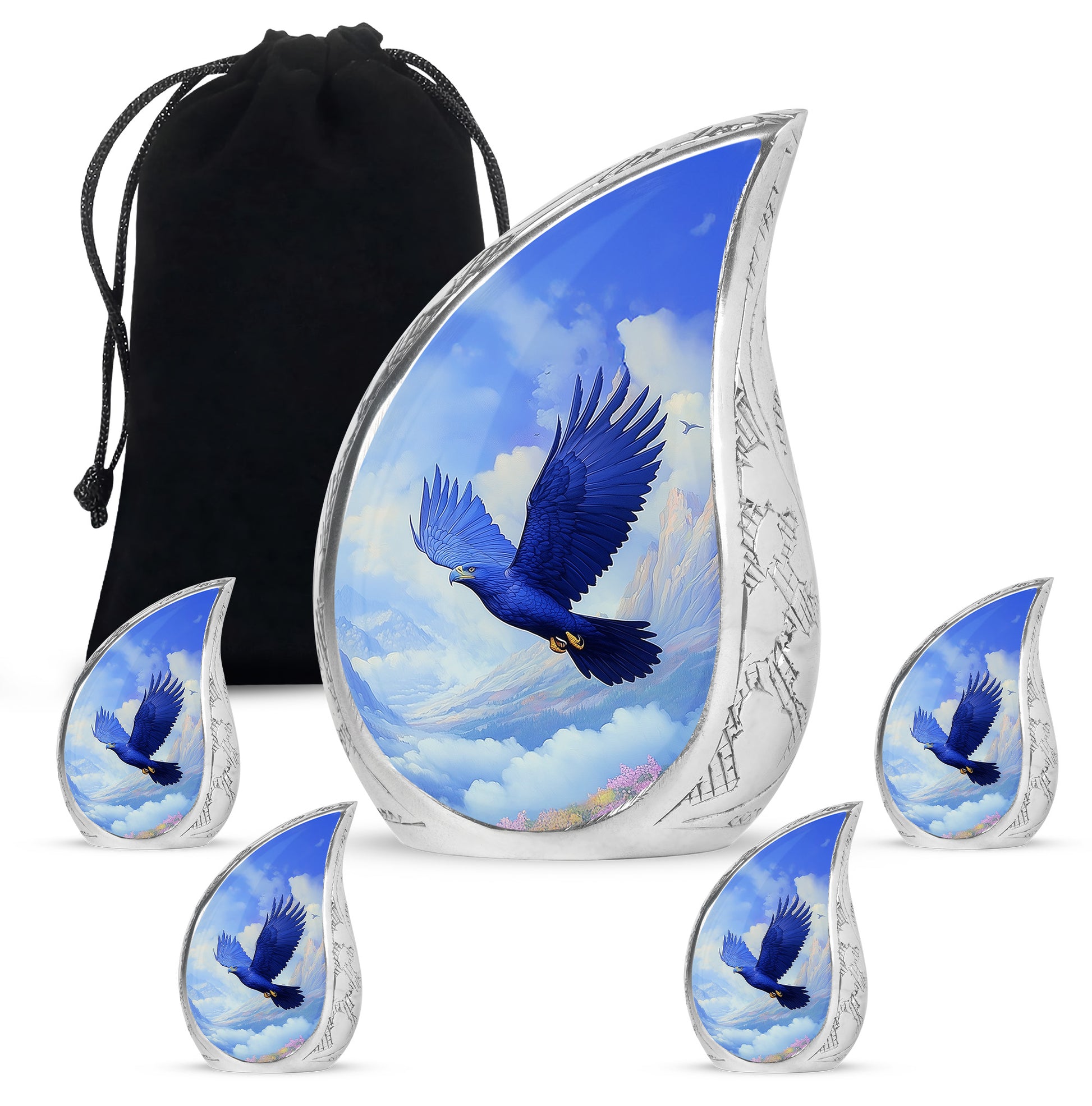 Sky Blue Eagle Cremation Urn side profile showing urn shape - rounded teardrop eagle design with delicate detail - memorial set with one large and four small urns