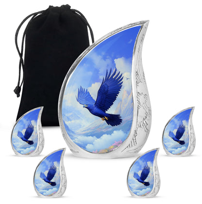 Sky Blue Eagle Cremation Urn side profile showing urn shape - rounded teardrop eagle design with delicate detail - memorial set with one large and four small urns