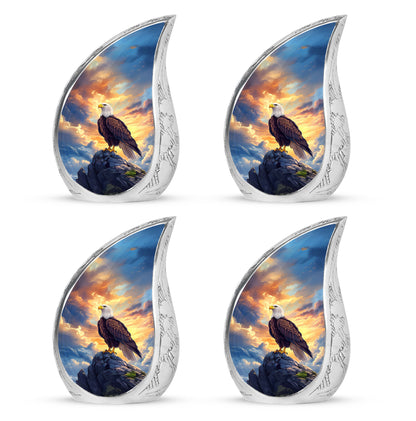 Azure Eagle Cremation Urn close-up of engraving and surface detail - rounded teardrop eagle design with delicate detail - 10 inch aluminum urn for cremated remains