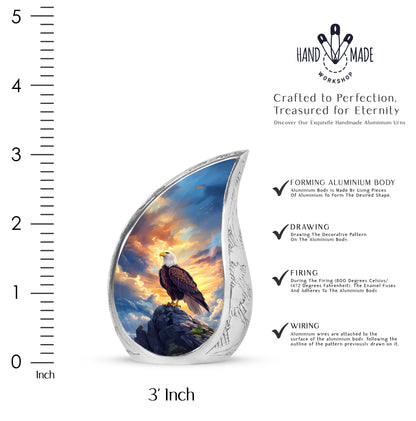 Serene Blue Eagle Cremation Urn angled view of lid and engraved motif - graceful tear-shaped urn with eagle motif - mini keepsake memorial for portion of cremation ashes