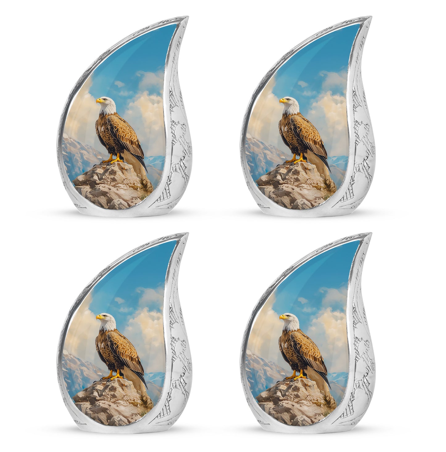 Vivid Blue Eagle Cremation Urn close-up of engraving and surface detail - graceful tear-shaped urn with eagle motif - 10 inch aluminum urn for cremated remains