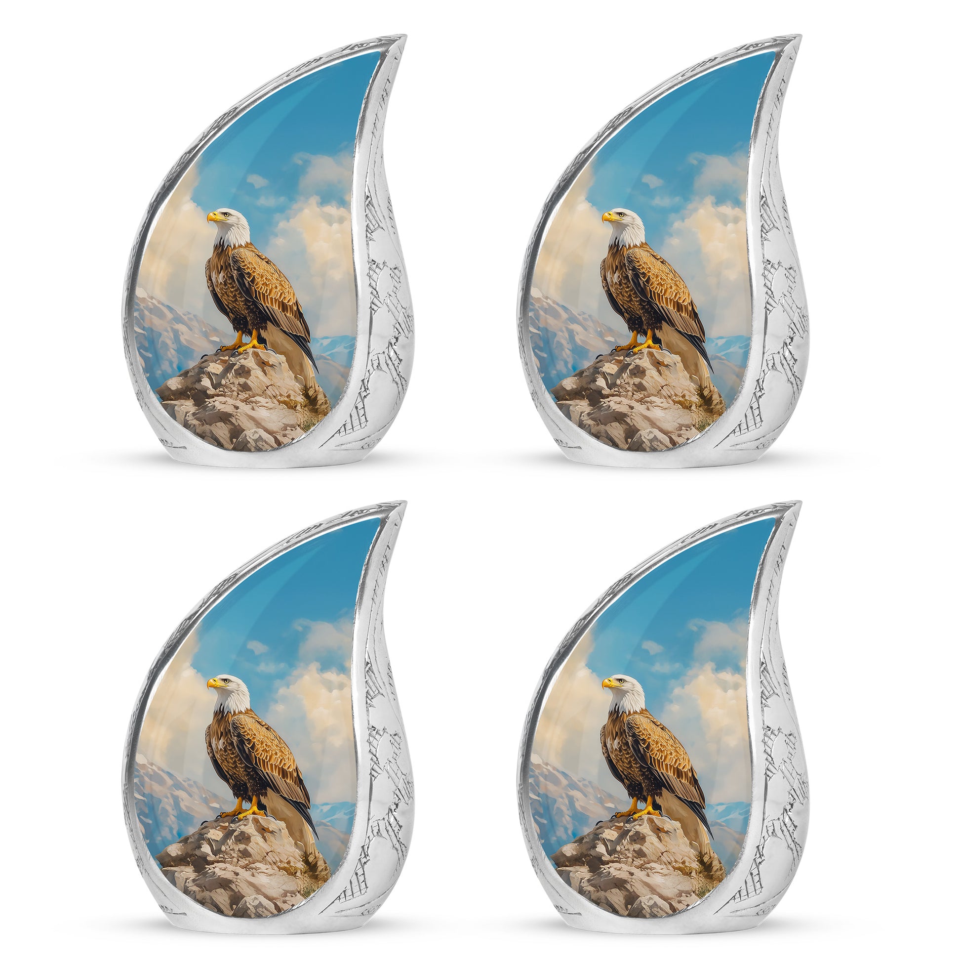 Vivid Blue Eagle Cremation Urn close-up of engraving and surface detail - graceful tear-shaped urn with eagle motif - 10 inch aluminum urn for cremated remains