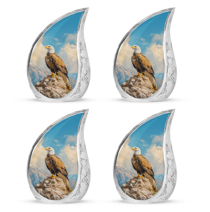 Vivid Blue Eagle Cremation Urn close-up of engraving and surface detail - graceful tear-shaped urn with eagle motif - 10 inch aluminum urn for cremated remains