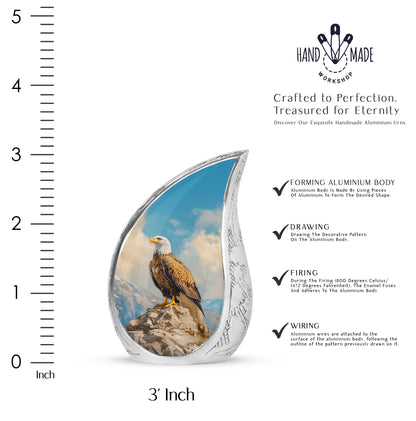Azure Eagle Cremation Urn angled view of lid and engraved motif - rounded teardrop eagle design with delicate detail - mini keepsake memorial for portion of cremation ashes