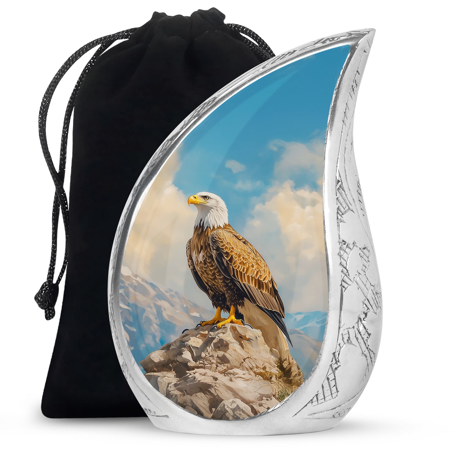 Celestial Blue Eagle Cremation Urn front view showing detailed design - flowing teardrop eagle silhouette on curved aluminum - full-size 10 inch 200 cubic inch adult cremation urn
