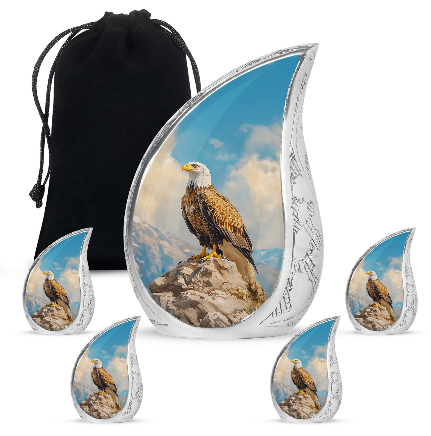 Icy Blue Eagle Cremation Urn side profile showing urn shape - flowing teardrop eagle silhouette on curved aluminum - memorial set with one large and four small urns
