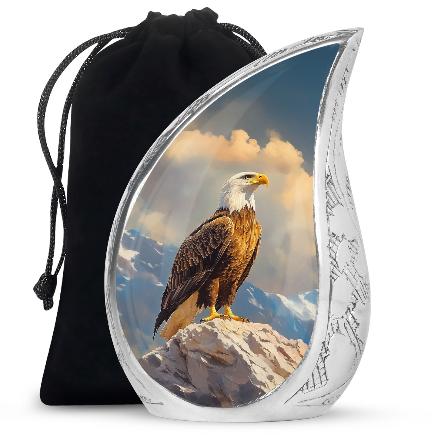 Steel Blue Eagle Cremation Urn front view showing detailed design - graceful tear-shaped urn with eagle motif - full-size 10 inch 200 cubic inch adult cremation urn