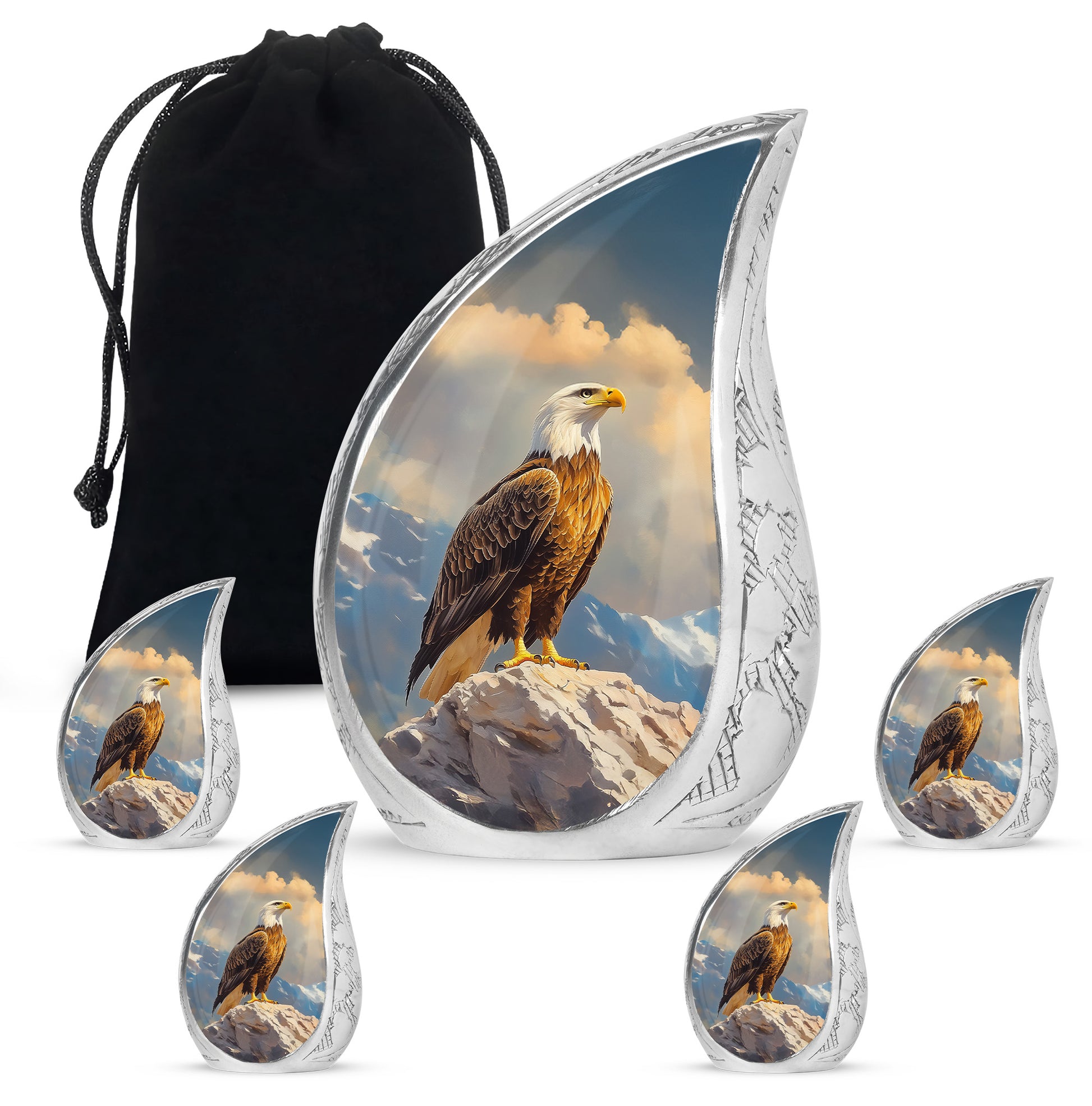 Vivid Blue Eagle Cremation Urn side profile showing urn shape - smooth teardrop contour featuring eagle art - memorial set with one large and four small urns