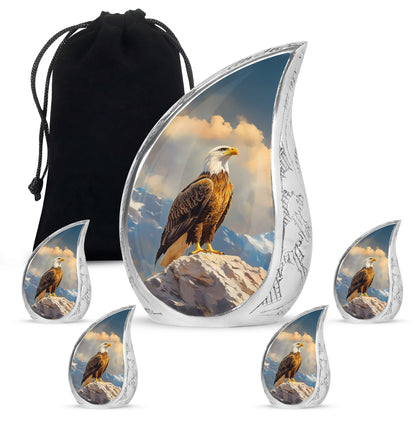 Vivid Blue Eagle Cremation Urn side profile showing urn shape - smooth teardrop contour featuring eagle art - memorial set with one large and four small urns