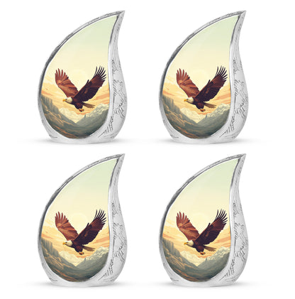 Warm Gold Eagle Cremation Urn close-up of engraving and surface detail - smooth teardrop contour featuring eagle art - 10 inch aluminum urn for cremated remains