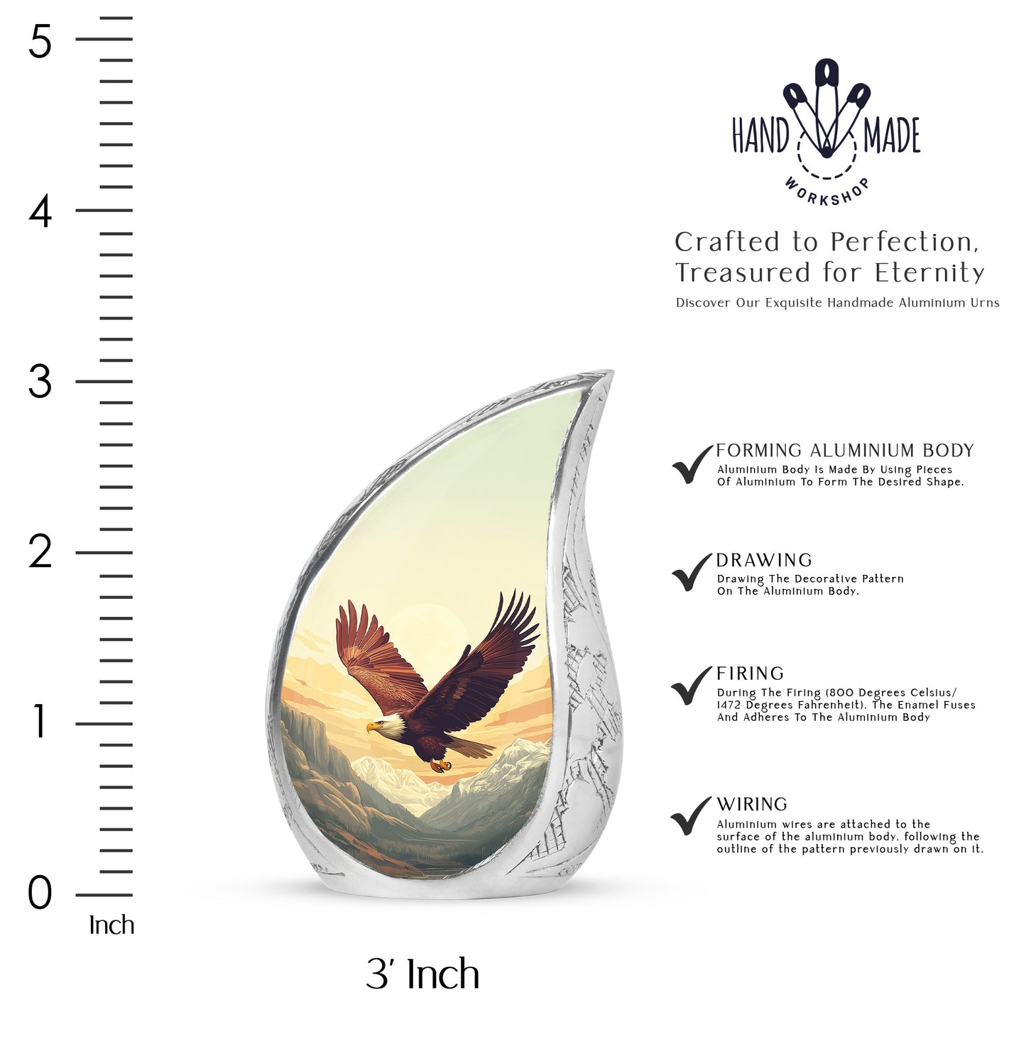 Champagne Gold Eagle Cremation Urn angled view of lid and engraved motif - flowing teardrop eagle silhouette on curved aluminum - mini keepsake memorial for portion of cremation ashes