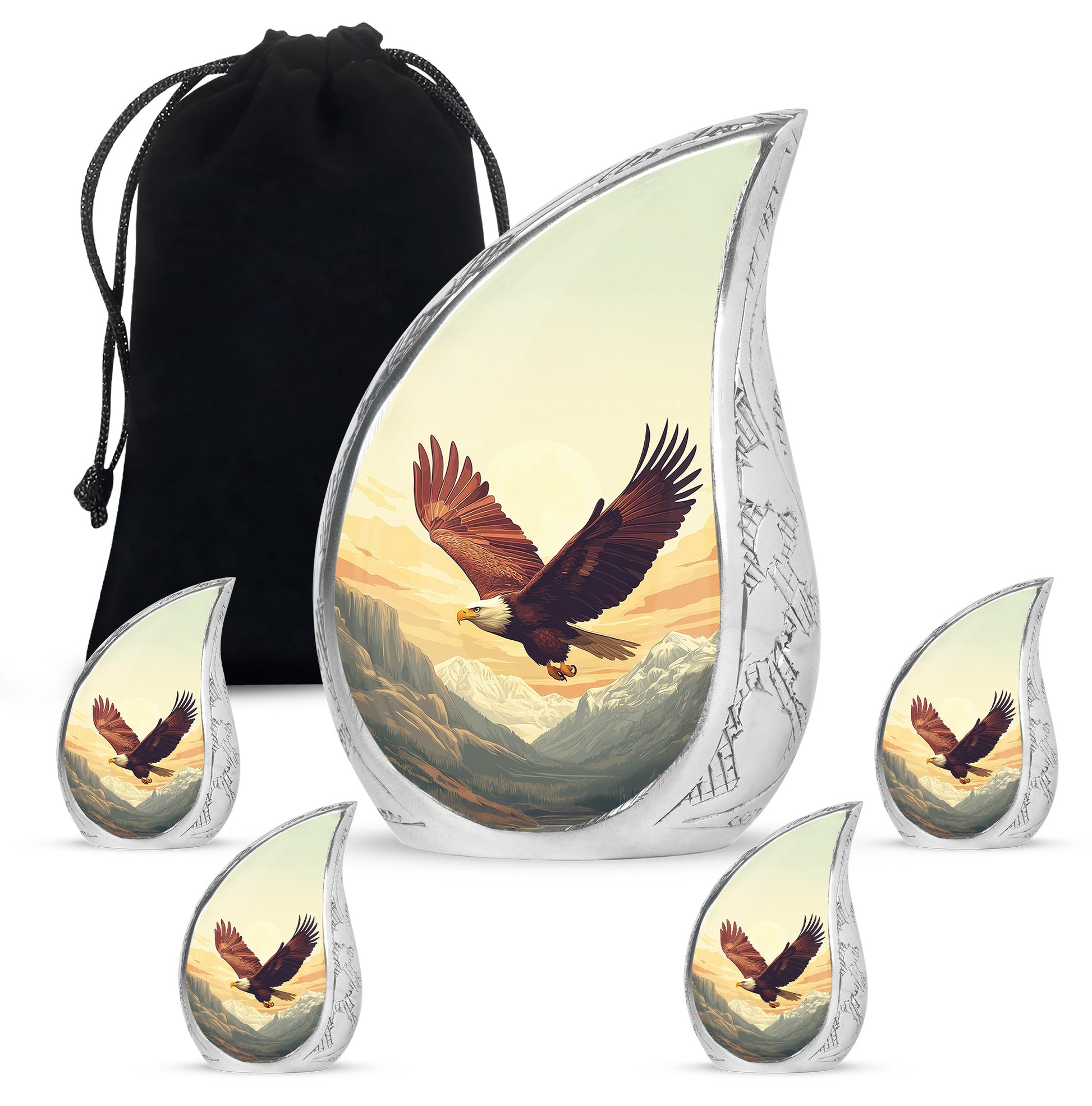 Burnished Gold Eagle Cremation Urn side profile showing urn shape - smooth teardrop contour featuring eagle art - memorial set with one large and four small urns