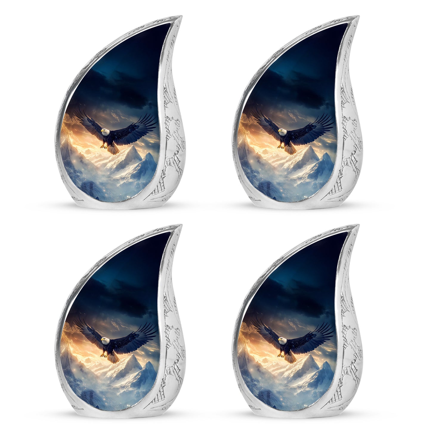 Indigo Eagle Cremation Urn close-up of engraving and surface detail - rounded teardrop eagle design with delicate detail - 10 inch aluminum urn for cremated remains