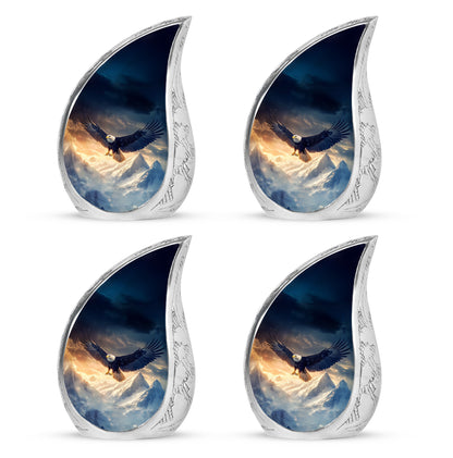 Indigo Eagle Cremation Urn close-up of engraving and surface detail - rounded teardrop eagle design with delicate detail - 10 inch aluminum urn for cremated remains