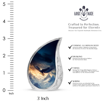 Slate Blue Eagle Cremation Urn angled view of lid and engraved motif - rounded teardrop eagle design with delicate detail - mini keepsake memorial for portion of cremation ashes