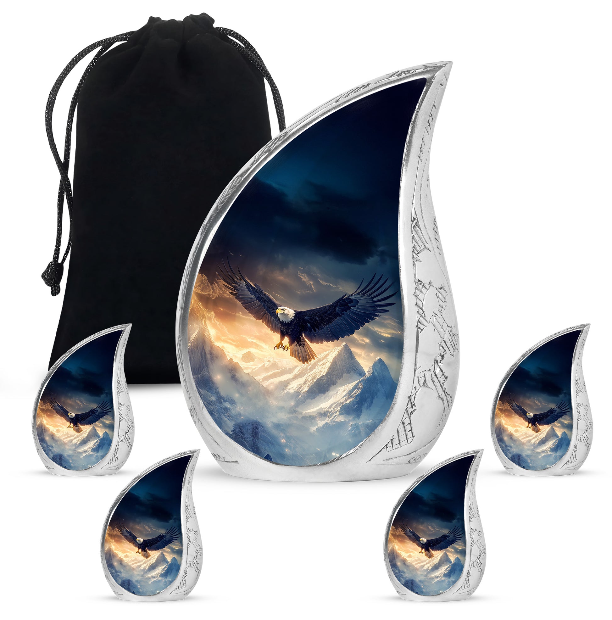 Slate Blue Eagle Cremation Urn side profile showing urn shape - flowing teardrop eagle silhouette on curved aluminum - memorial set with one large and four small urns