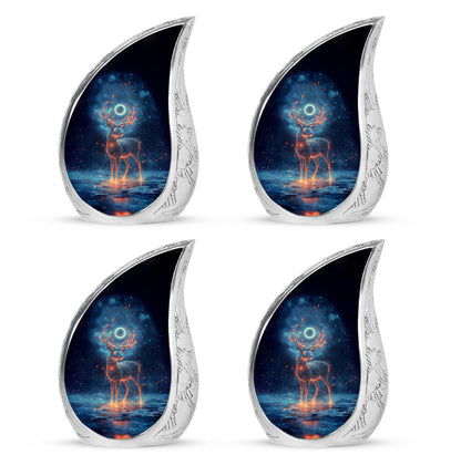 Onyx Black Deer Cremation Urn close-up of engraving and surface detail - smooth teardrop contour featuring deer art - 10 inch aluminum urn for cremated remains
