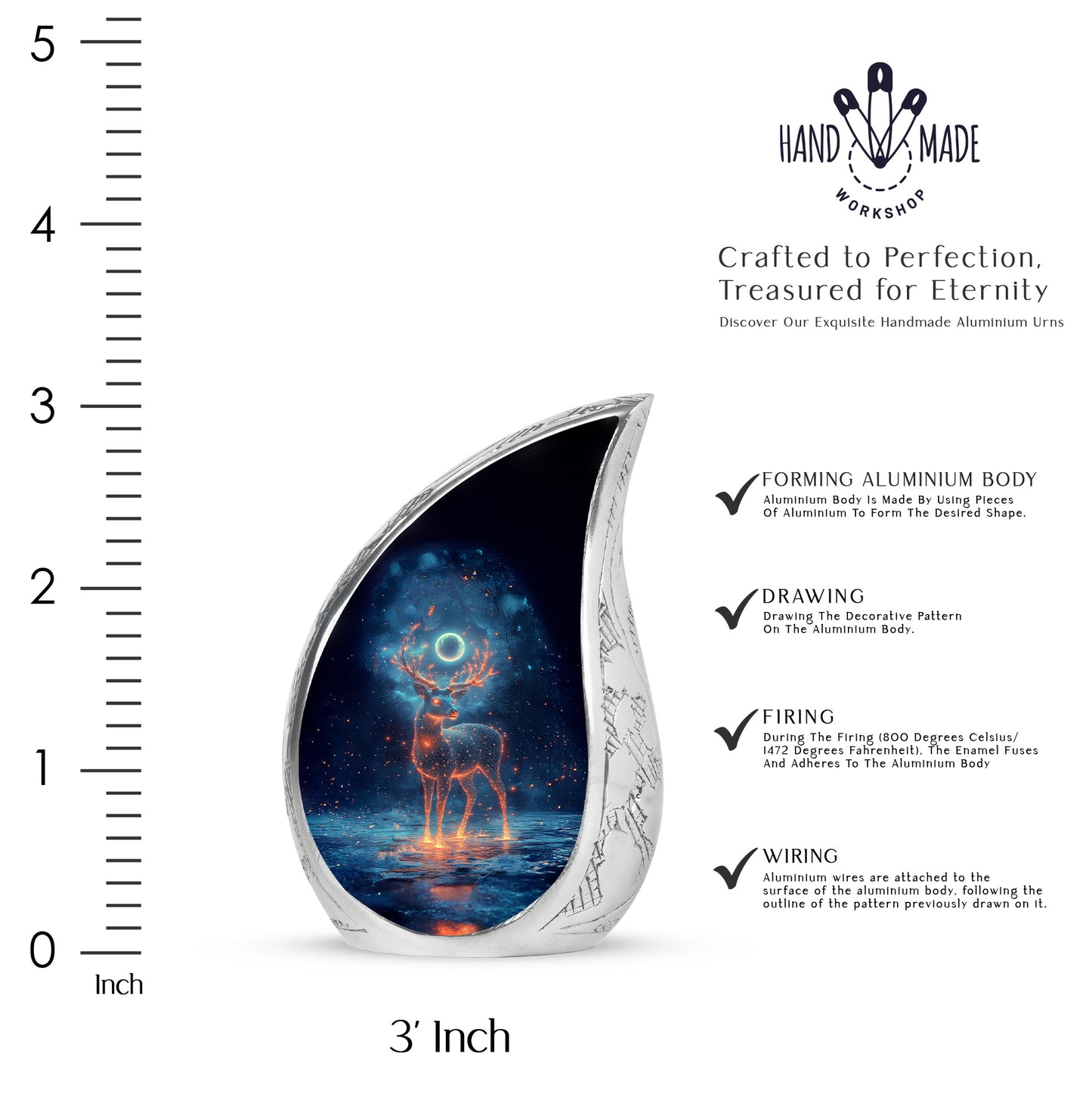 Jet Black Deer Cremation Urn angled view of lid and engraved motif - flowing teardrop deer silhouette on curved aluminum - mini keepsake memorial for portion of cremation ashes