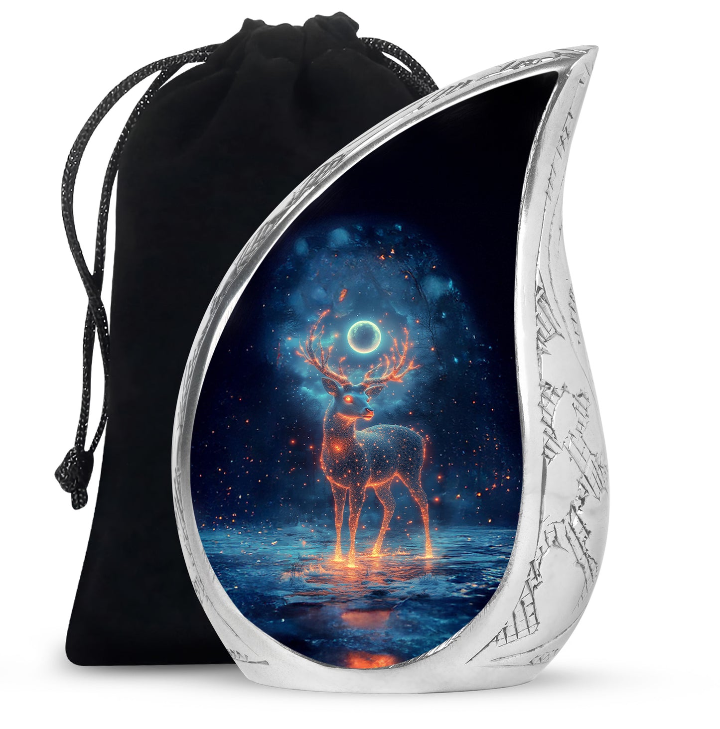 Ebony Deer Cremation Urn front view showing detailed design - flowing teardrop deer silhouette on curved aluminum - full-size 10 inch 200 cubic inch adult cremation urn