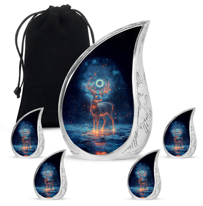Dark Black Deer Cremation Urn side profile showing urn shape - graceful tear-shaped urn with deer motif - memorial set with one large and four small urns