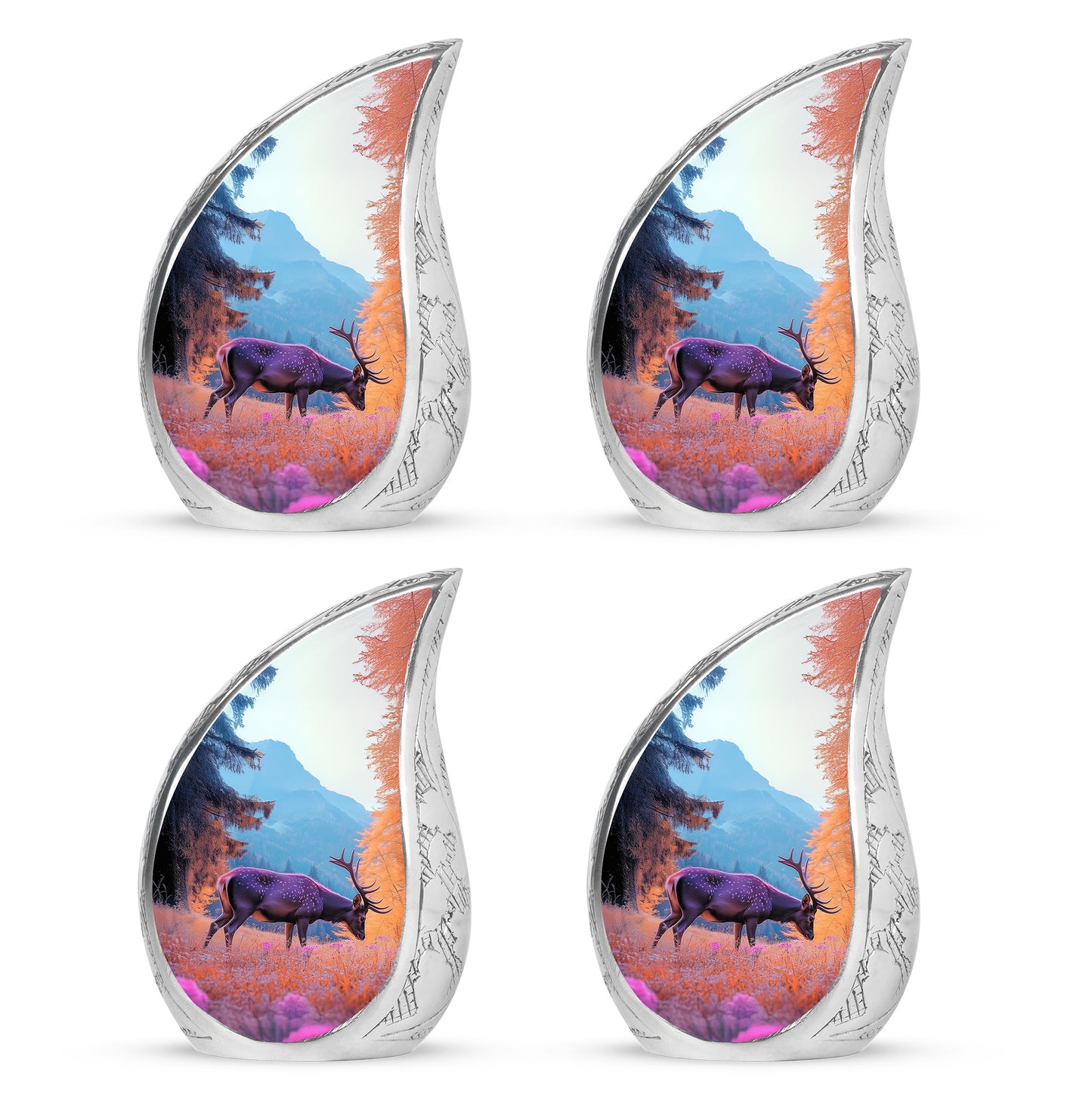 Serene Blue Deer Cremation Urn close-up of engraving and surface detail - graceful tear-shaped urn with deer motif - 10 inch aluminum urn for cremated remains