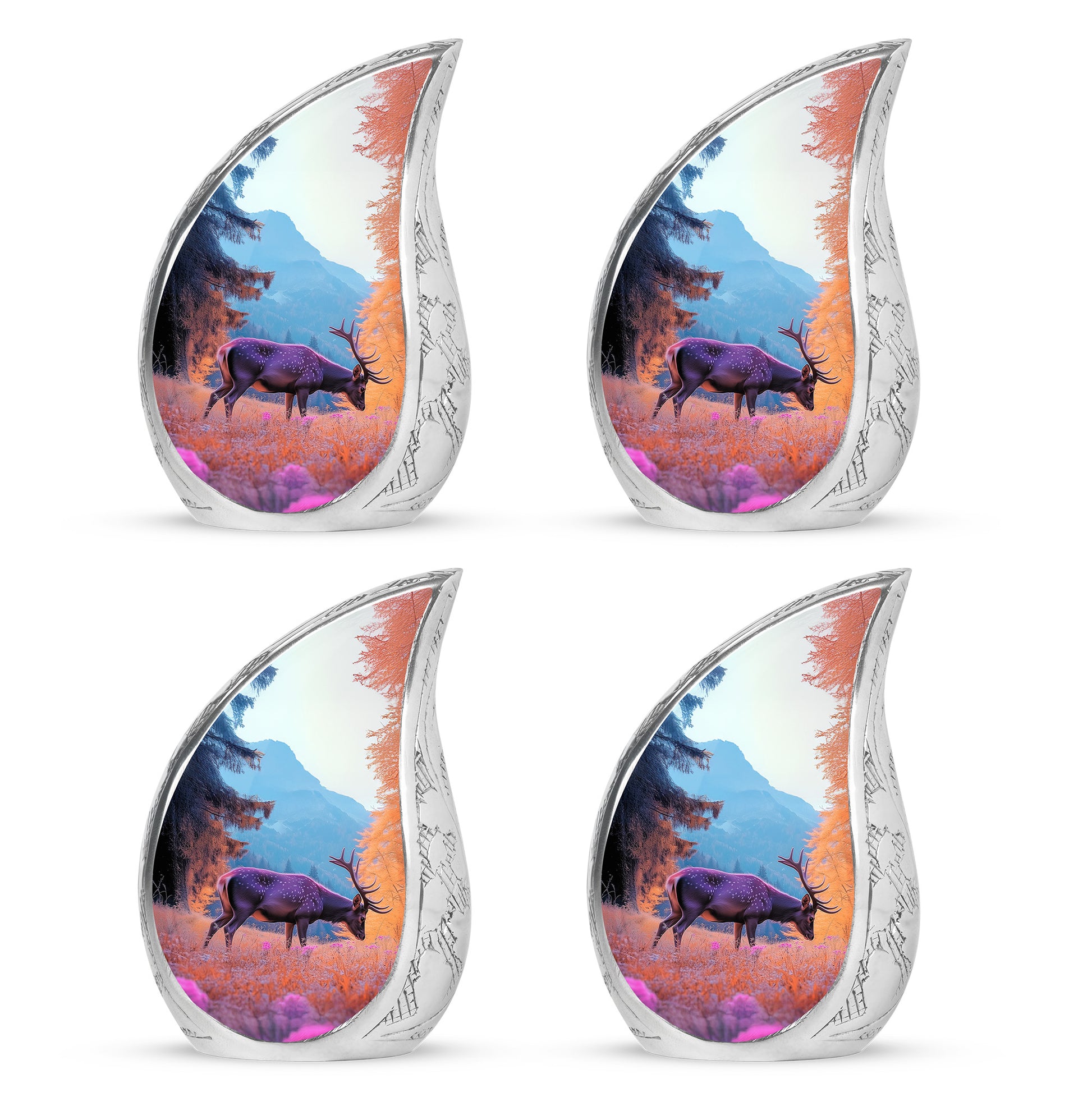 Serene Blue Deer Cremation Urn close-up of engraving and surface detail - graceful tear-shaped urn with deer motif - 10 inch aluminum urn for cremated remains