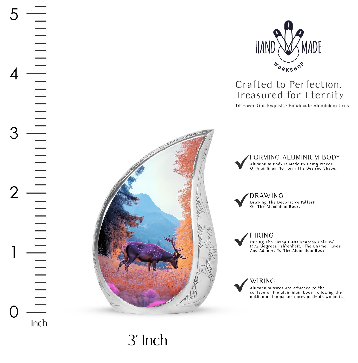 Calming Blue Deer Cremation Urn angled view of lid and engraved motif - smooth teardrop contour featuring deer art - mini keepsake memorial for portion of cremation ashes