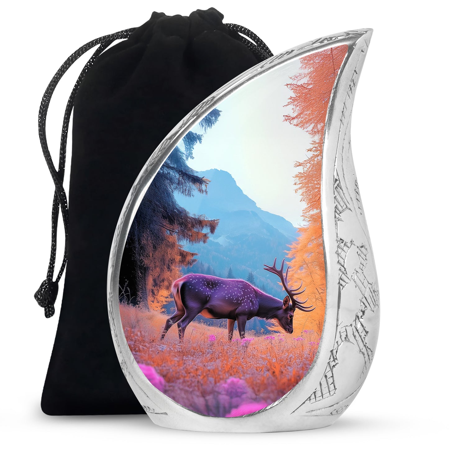 Dusty Blue Deer Cremation Urn front view showing detailed design - rounded teardrop deer design with delicate detail - full-size 10 inch 200 cubic inch adult cremation urn