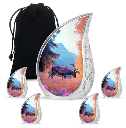 Dusty Blue Deer Cremation Urn side profile showing urn shape - flowing teardrop deer silhouette on curved aluminum - memorial set with one large and four small urns