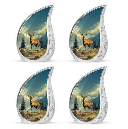 Jewel Teal Deer Cremation Urn close-up of engraving and surface detail - rounded teardrop deer design with delicate detail - 10 inch aluminum urn for cremated remains