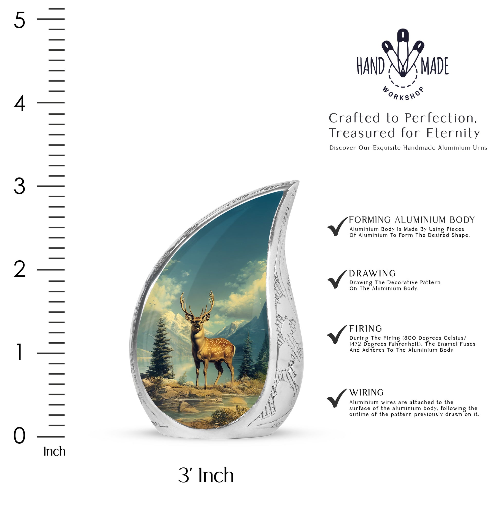 Tropical Teal Deer Cremation Urn angled view of lid and engraved motif - smooth teardrop contour featuring deer art - mini keepsake memorial for portion of cremation ashes