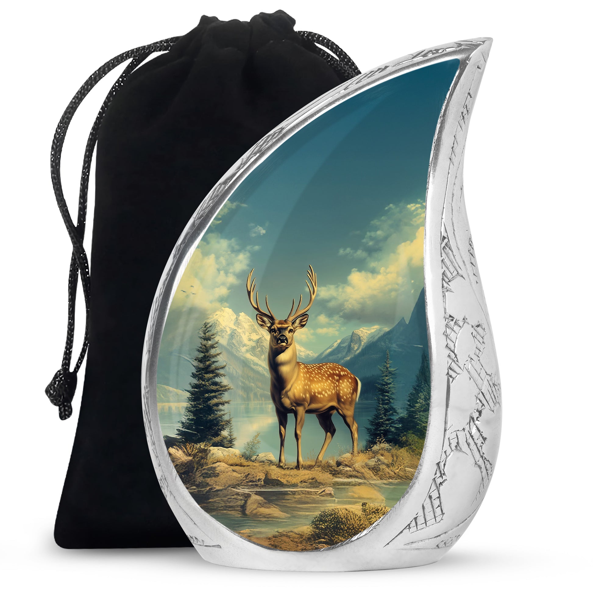 Sea Green Teal Deer Cremation Urn front view showing detailed design - rounded teardrop deer design with delicate detail - full-size 10 inch 200 cubic inch adult cremation urn