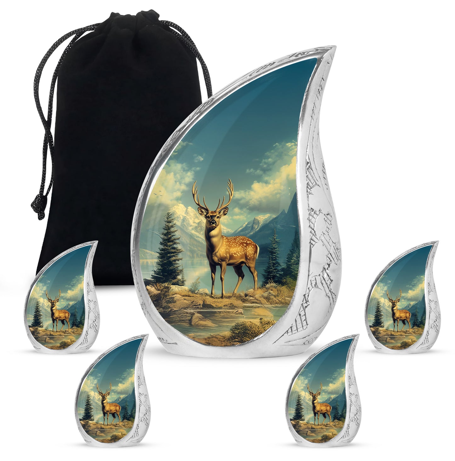 Mystic Teal Deer Cremation Urn side profile showing urn shape - graceful tear-shaped urn with deer motif - memorial set with one large and four small urns