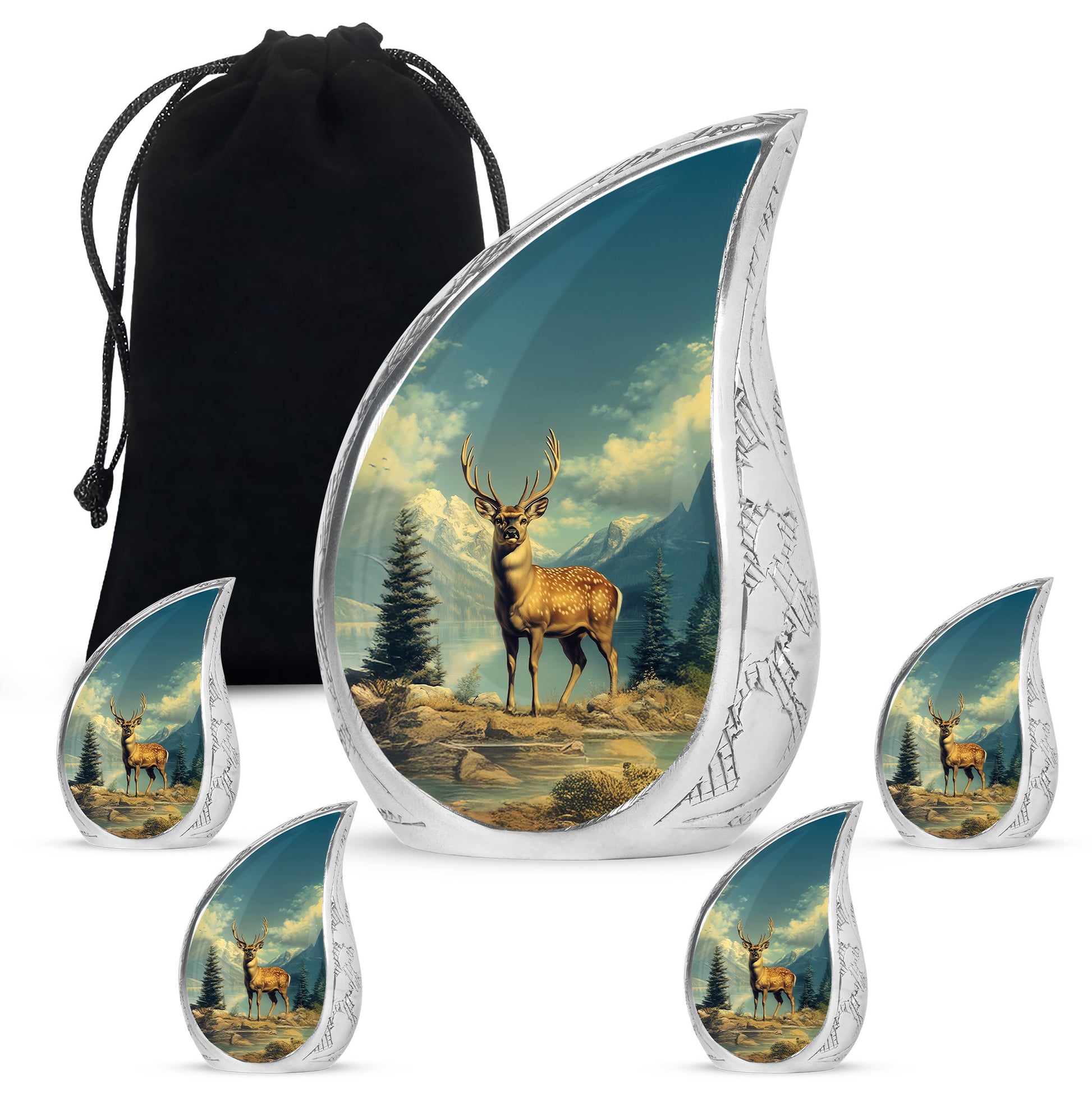 Mystic Teal Deer Cremation Urn side profile showing urn shape - graceful tear-shaped urn with deer motif - memorial set with one large and four small urns