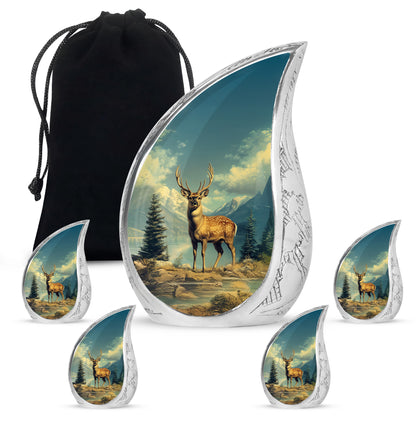 Mystic Teal Deer Cremation Urn side profile showing urn shape - graceful tear-shaped urn with deer motif - memorial set with one large and four small urns