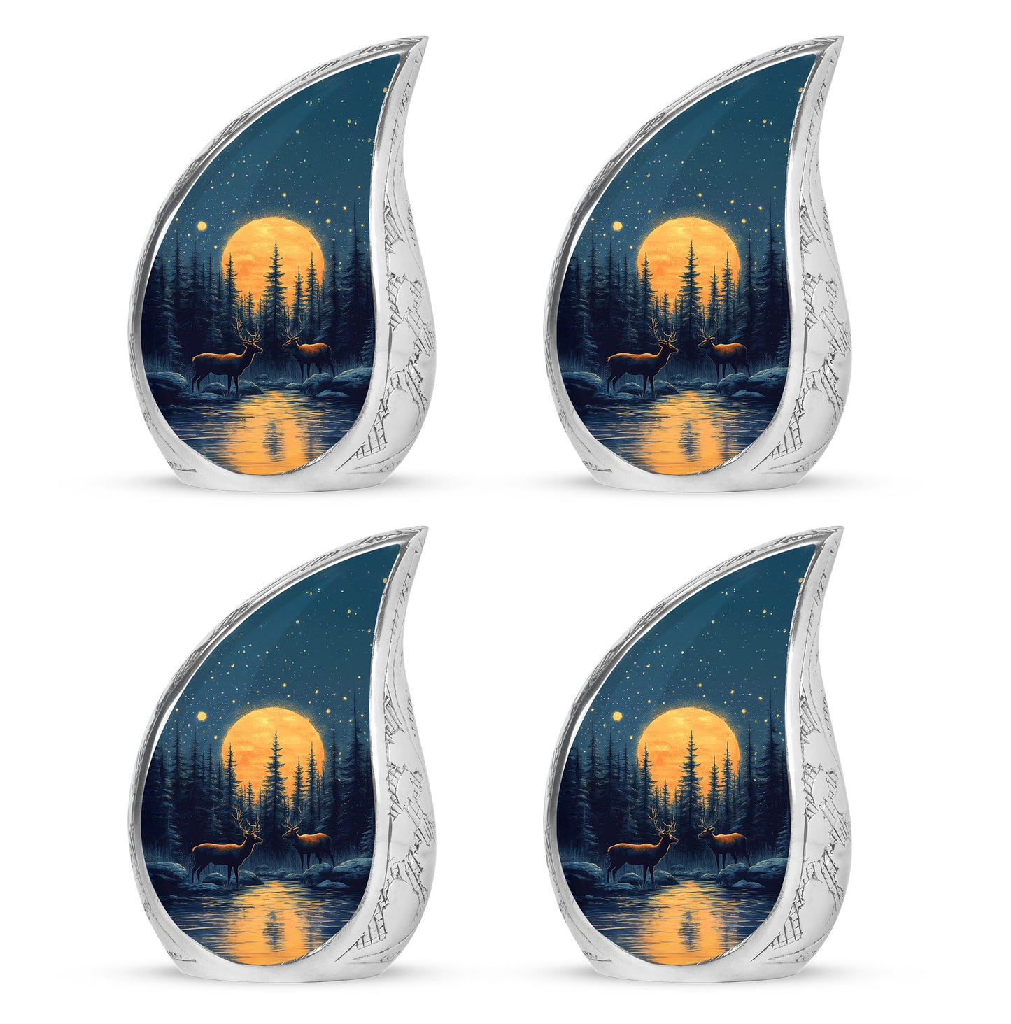 Steel Blue Deer Cremation Urn close-up of engraving and surface detail - smooth teardrop contour featuring deer art - 10 inch aluminum urn for cremated remains