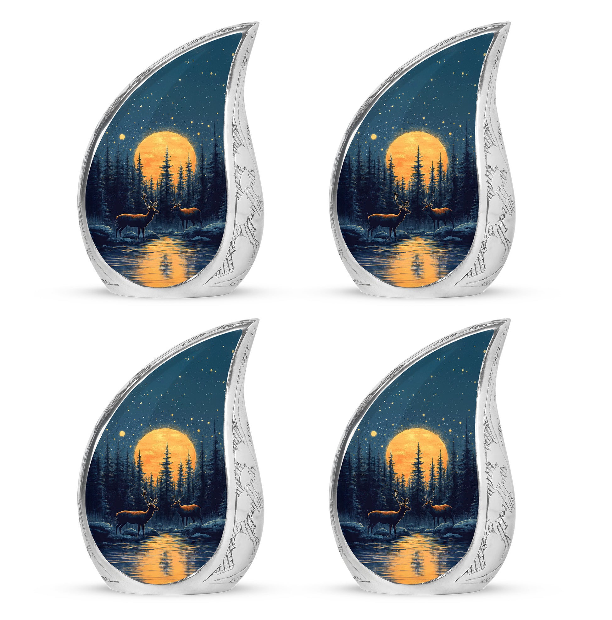 Steel Blue Deer Cremation Urn close-up of engraving and surface detail - smooth teardrop contour featuring deer art - 10 inch aluminum urn for cremated remains