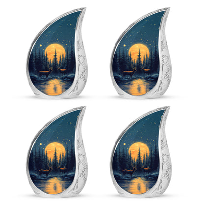 Steel Blue Deer Cremation Urn close-up of engraving and surface detail - smooth teardrop contour featuring deer art - 10 inch aluminum urn for cremated remains