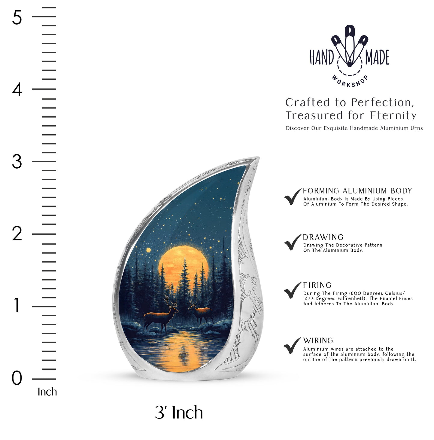 Sapphire Blue Deer Cremation Urn angled view of lid and engraved motif - graceful tear-shaped urn with deer motif - mini keepsake memorial for portion of cremation ashes