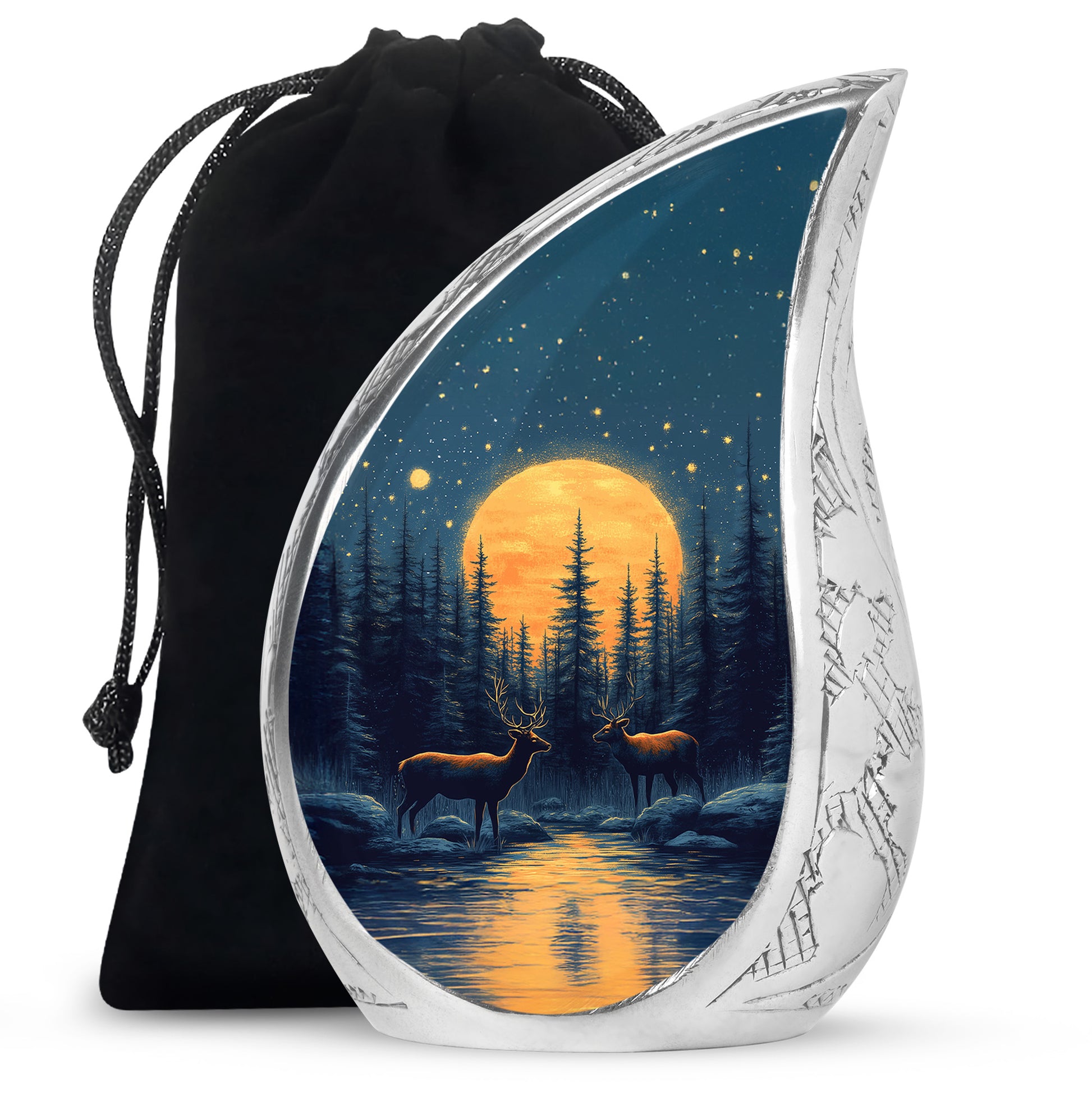Twilight Blue Deer Cremation Urn front view showing detailed design - graceful tear-shaped urn with deer motif - full-size 10 inch 200 cubic inch adult cremation urn