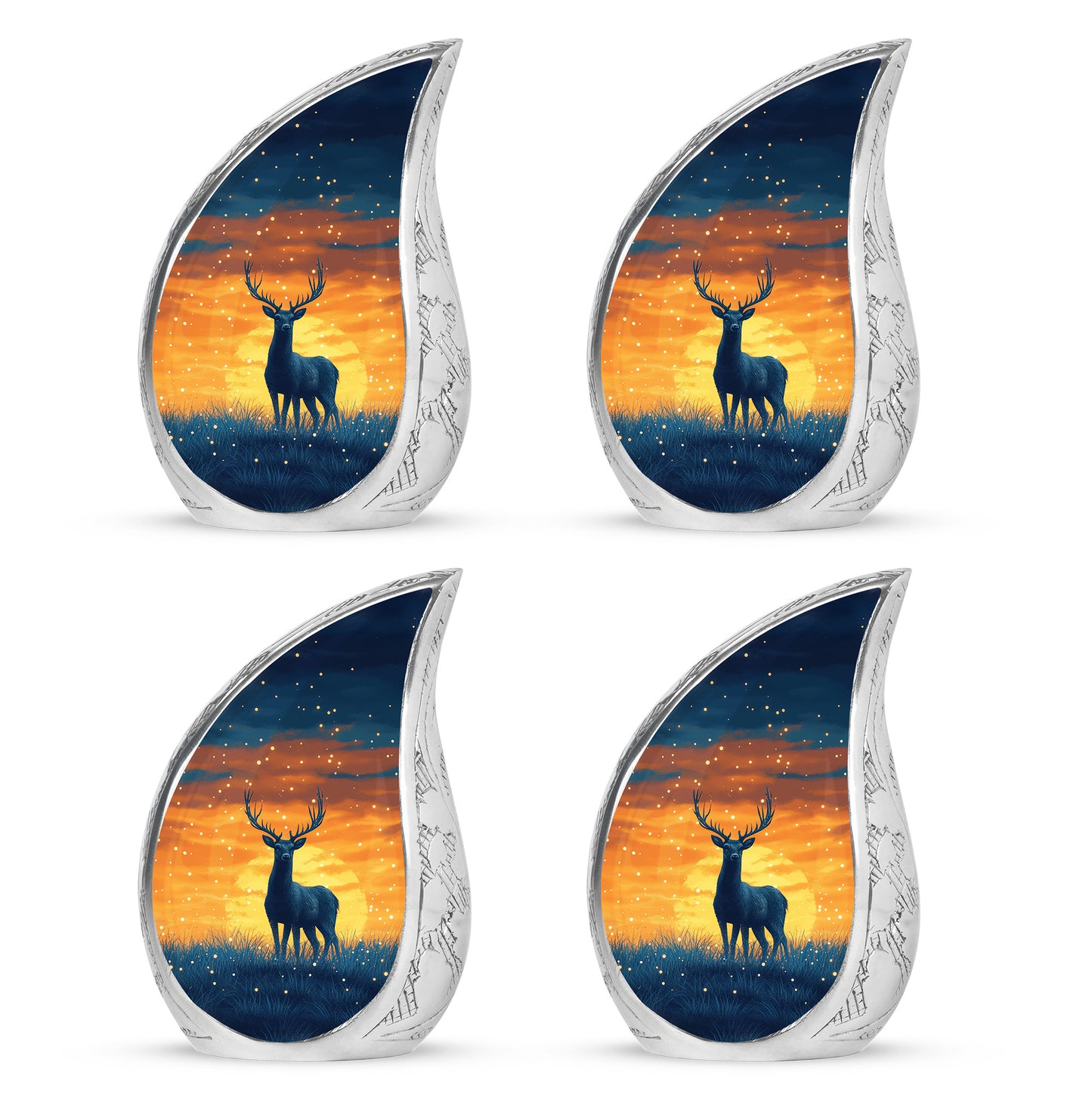 Twilight Blue Deer Cremation Urn close-up of engraving and surface detail - graceful tear-shaped urn with deer motif - 10 inch aluminum urn for cremated remains