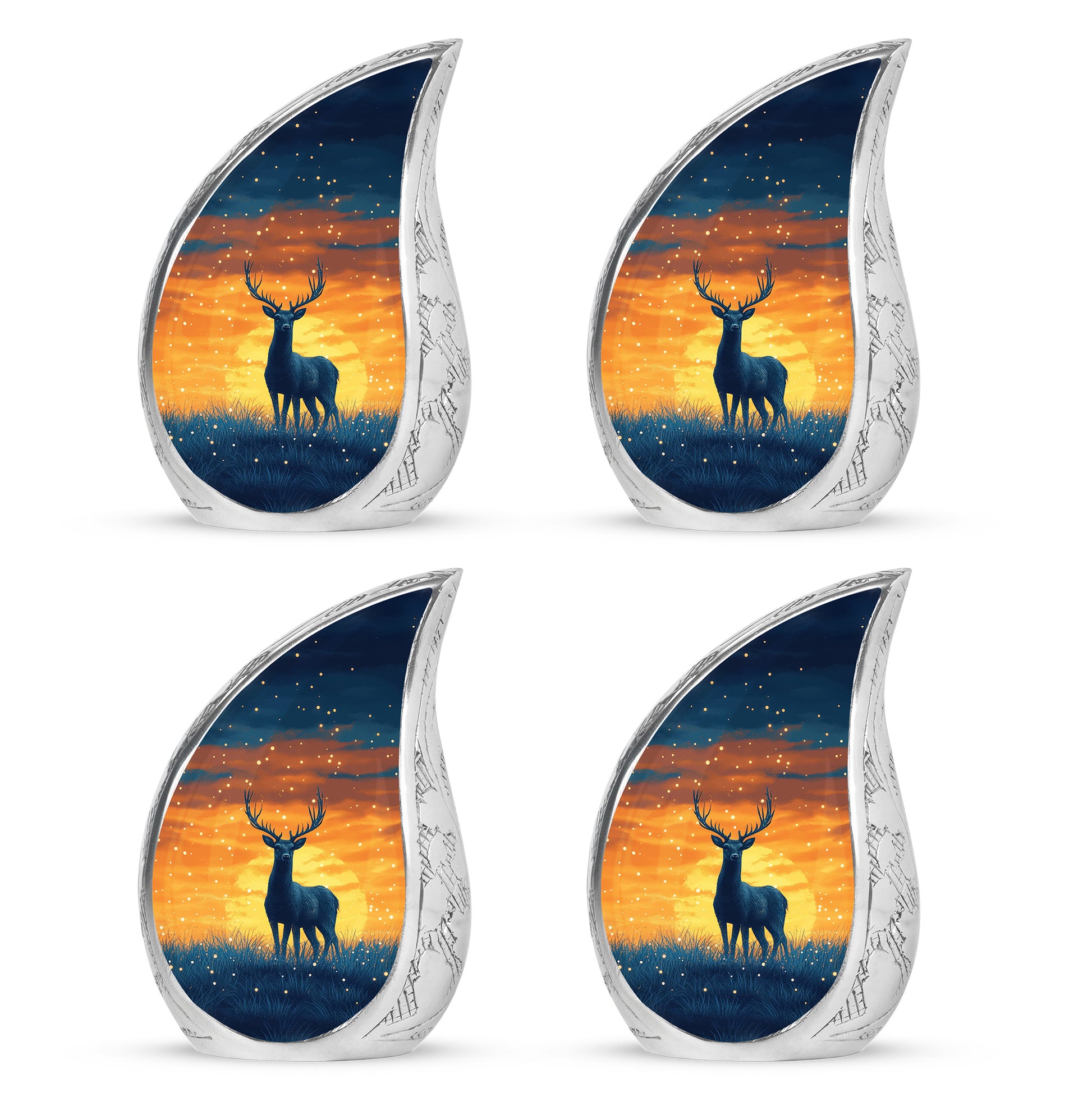 Twilight Blue Deer Cremation Urn close-up of engraving and surface detail - graceful tear-shaped urn with deer motif - 10 inch aluminum urn for cremated remains